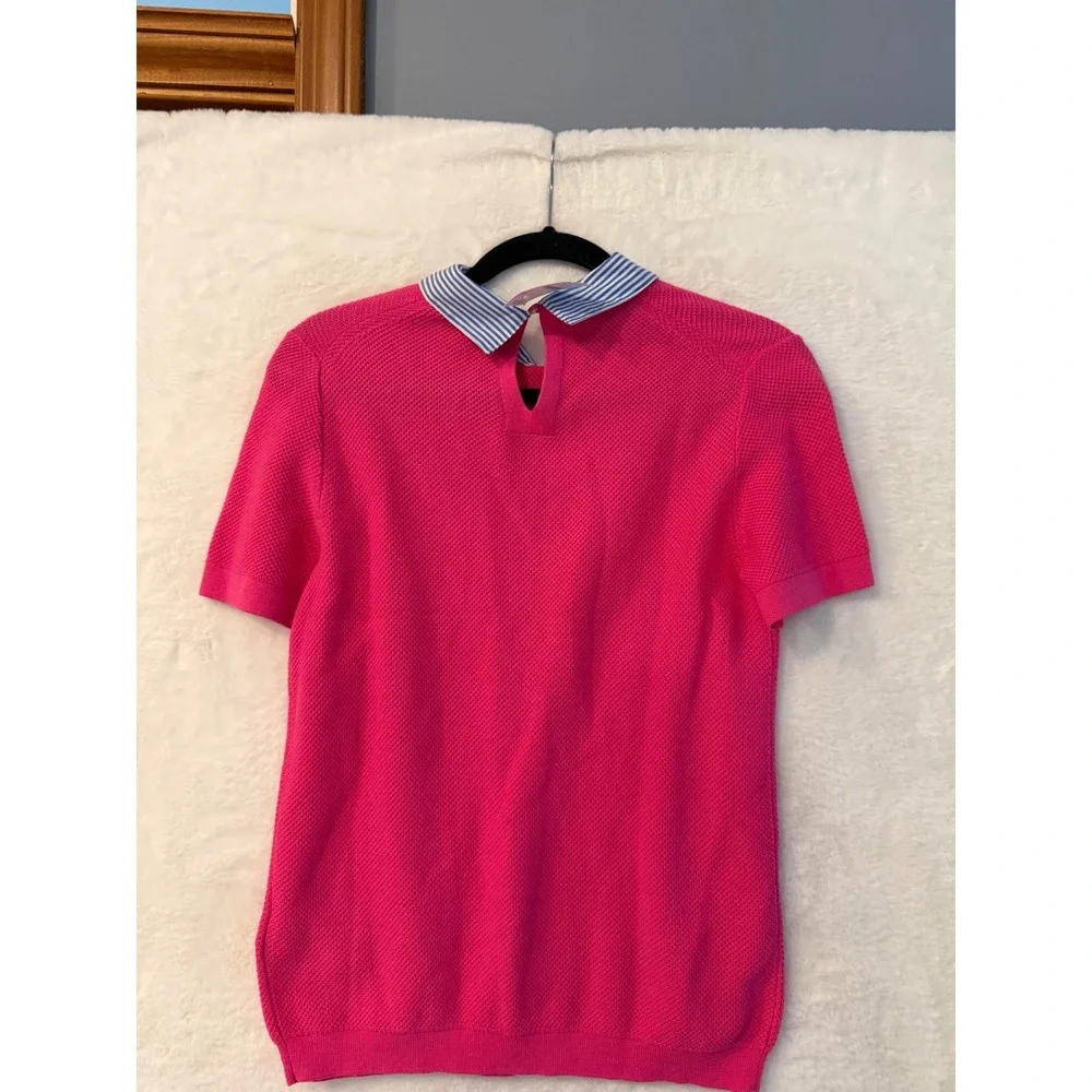 J. Crew Pink Textured Cotton Knit Sweater Top Women Striped Collar AW366 SP22